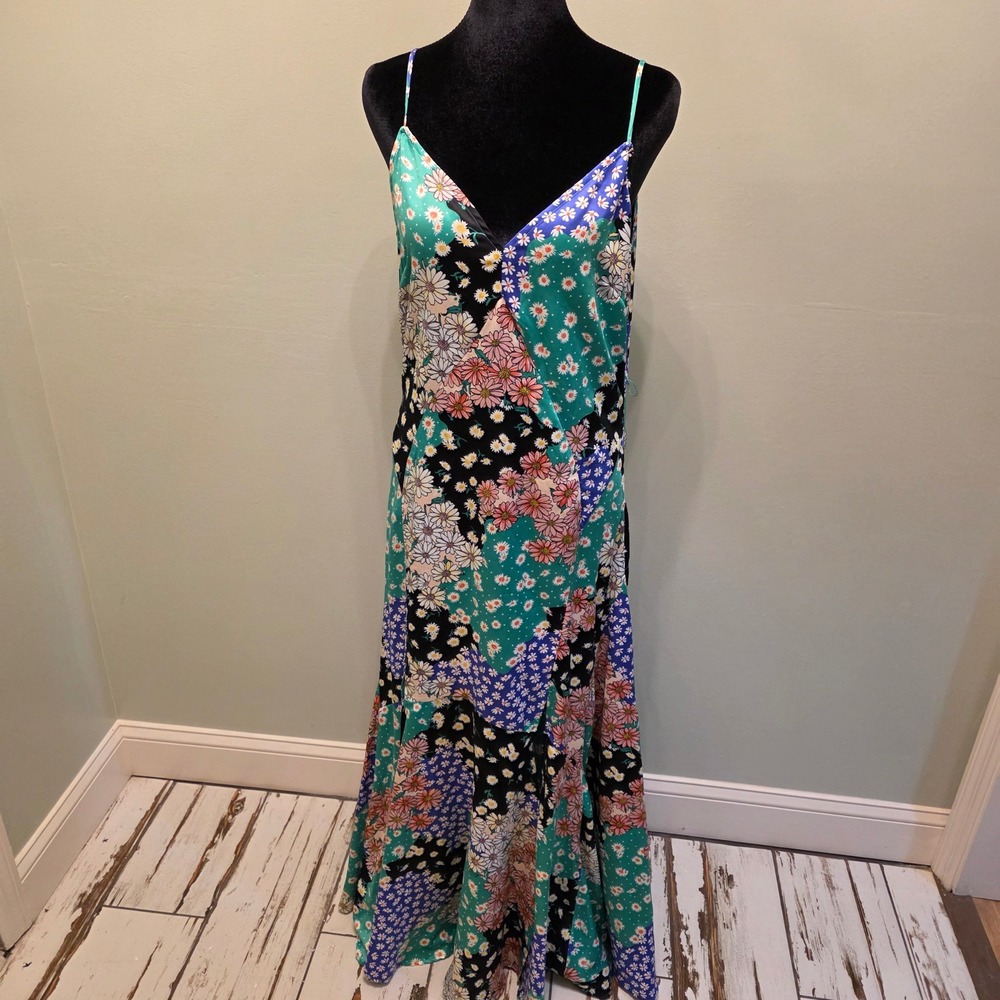 Lulus Vibrant Patchwork Floral Satin Maxi Dress High Slit Size S